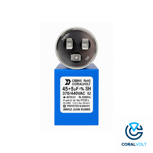 Capacitor 45/5 uF 45+5 MFD 370V or 440V Dual Run Start Round A/C Capacitor CBB65B Air Conditioner Capacitors for AC Unit Fan Motor Start or Heat Pump or Condenser Straight Cool