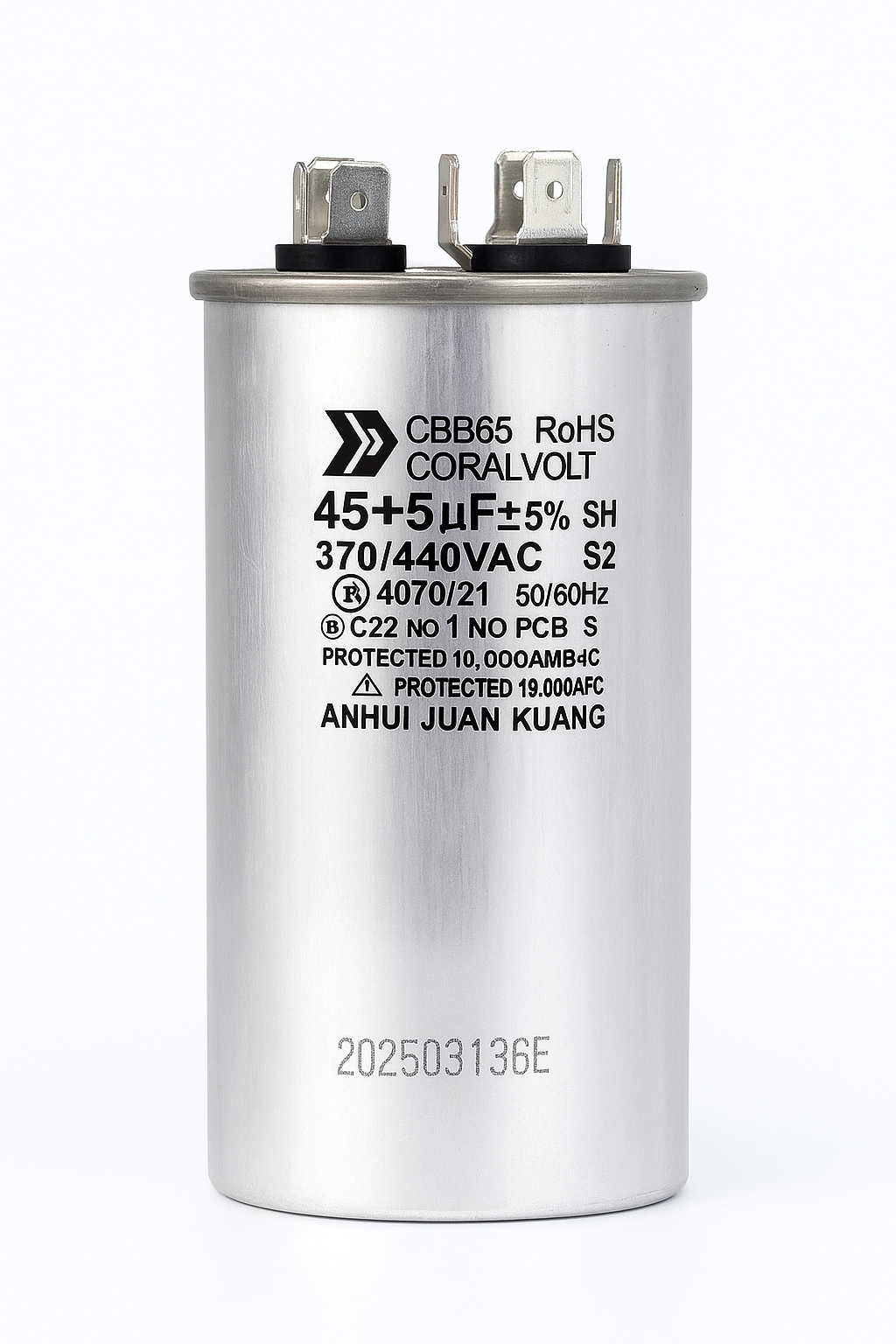 Capacitor 45/5 uF 45+5 MFD 370V or 440V Dual Run Start Round A/C Capacitor CBB65B Air Conditioner Capacitors for AC Unit Fan Motor Start or Heat Pump or Condenser Straight Cool