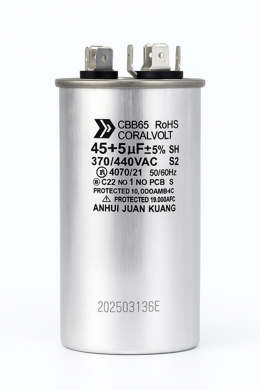 Capacitor 45/5 uF 45+5 MFD 370V or 440V Dual Run Start Round A/C Capacitor CBB65B Air Conditioner Capacitors for AC Unit Fan Motor Start or Heat Pump or Condenser Straight Cool